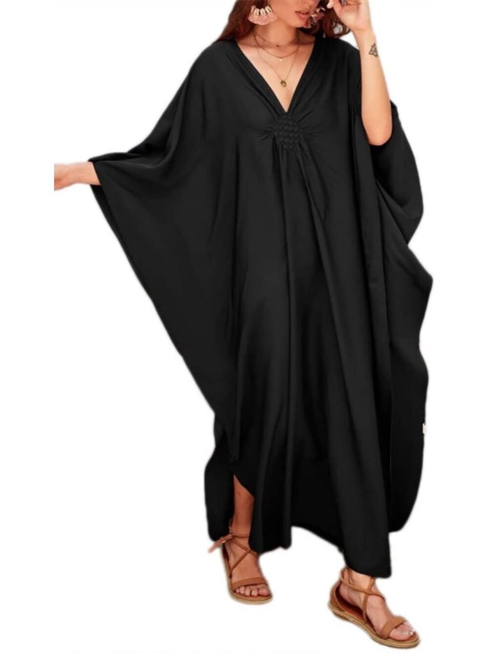 Women's Plus Size Black Kaftan Maxi Dress V Neck Batwing Swimsuit Cover Up